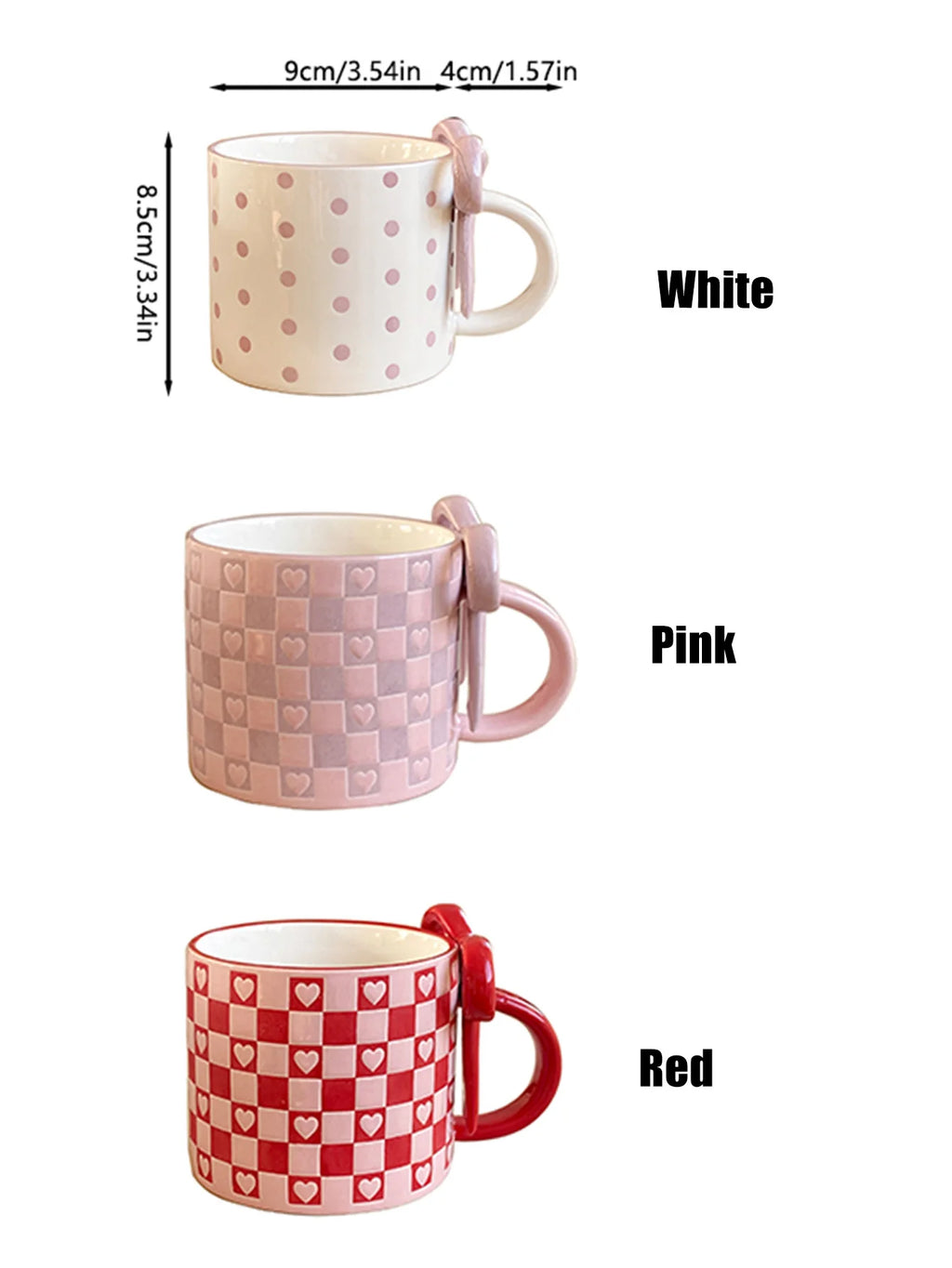 1Pc Ceramic Mug with Bowknot Handle and Heart Design, Creative Bowknot Handle Design with Checkerboard Pattern, Suitable for Home Decoration, Daily Household Use, Breakfast Milk, Afternoon Tea Coffee, Latte Art Cup for Coffee
