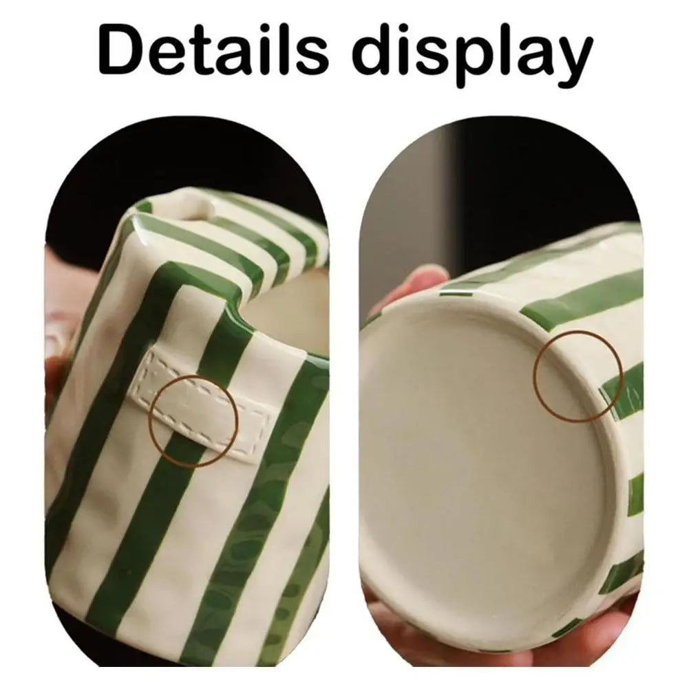 Vintage Stripe Hand Painted Ceramic Mug Creative Dual Compartment Coffee Cup for Office Afternoon Tea Breakfast