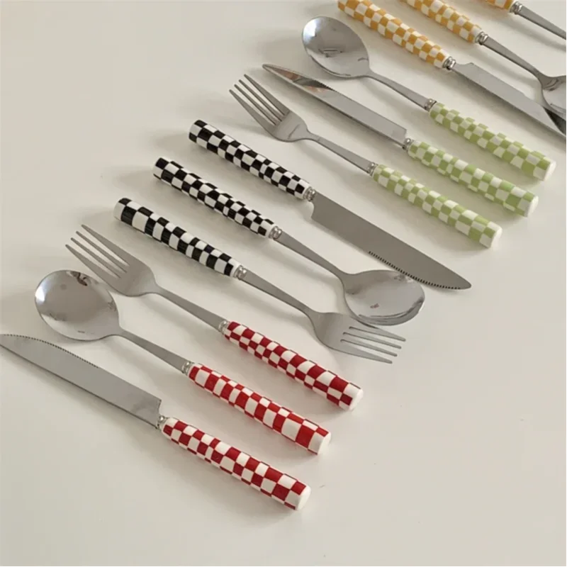 3pcs/set Stainless Steel Knife Fork Spoon Checkerboard Ceramic Handle Cutlery Set Western Tableware Dessert Fork Knife Spoon