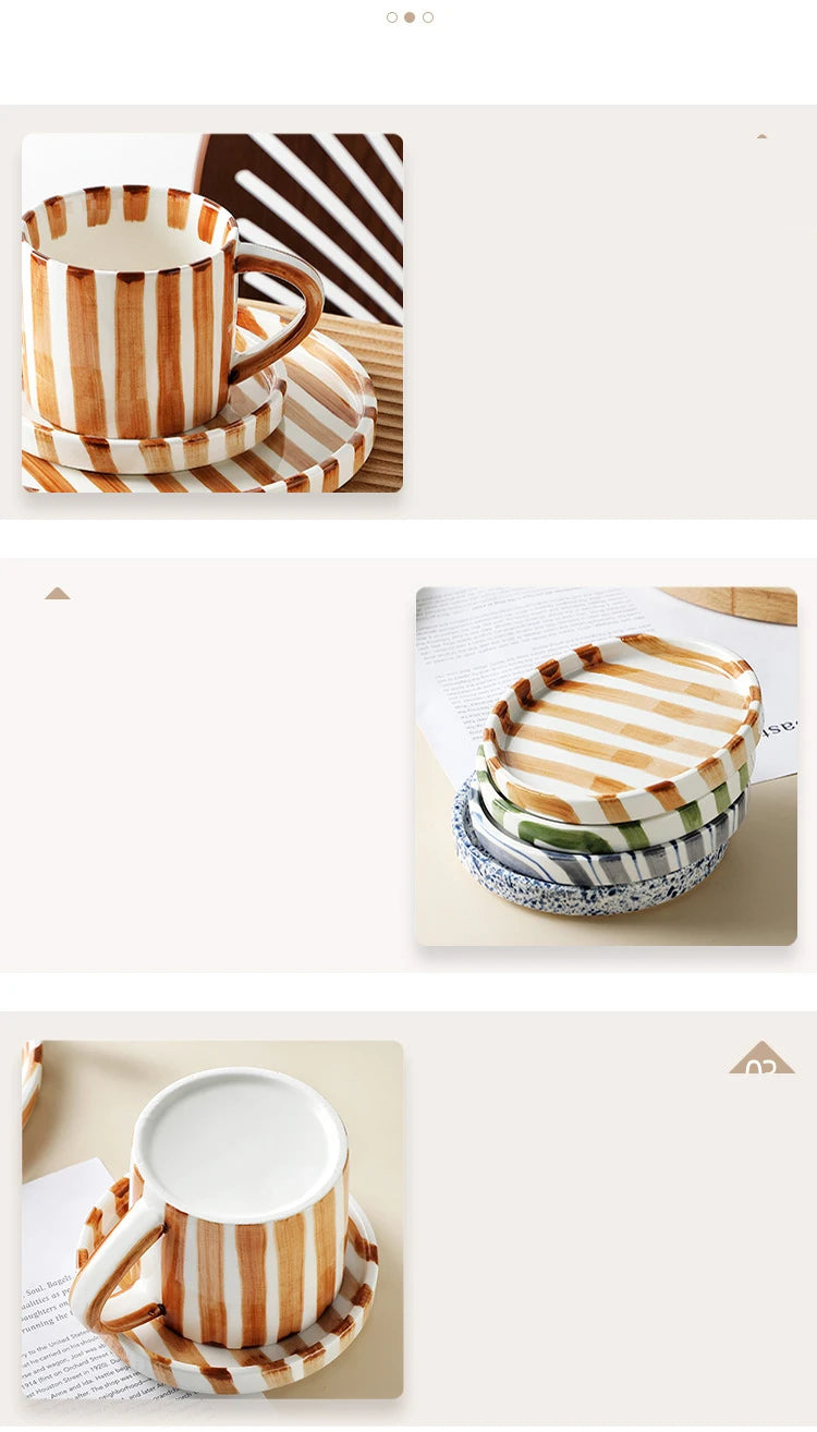 Simple Striped Ceramic Teacup Hotel Café Porcelain Coffee Cup 280ml Office Mug Breakfast Bread Dessert Mug Gift Table Decoration