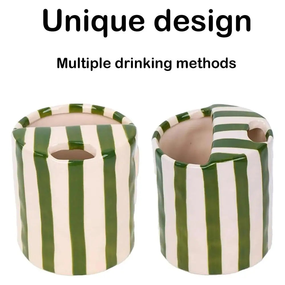 Vintage Stripe Hand Painted Ceramic Mug Creative Dual Compartment Coffee Cup for Office Afternoon Tea Breakfast