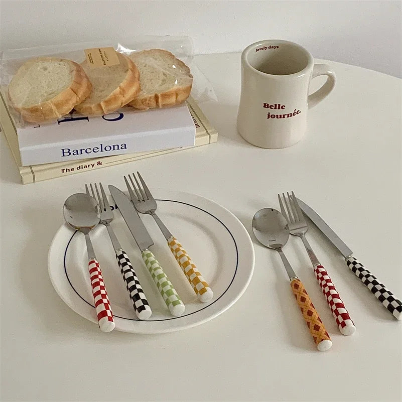 3pcs/set Stainless Steel Knife Fork Spoon Checkerboard Ceramic Handle Cutlery Set Western Tableware Dessert Fork Knife Spoon