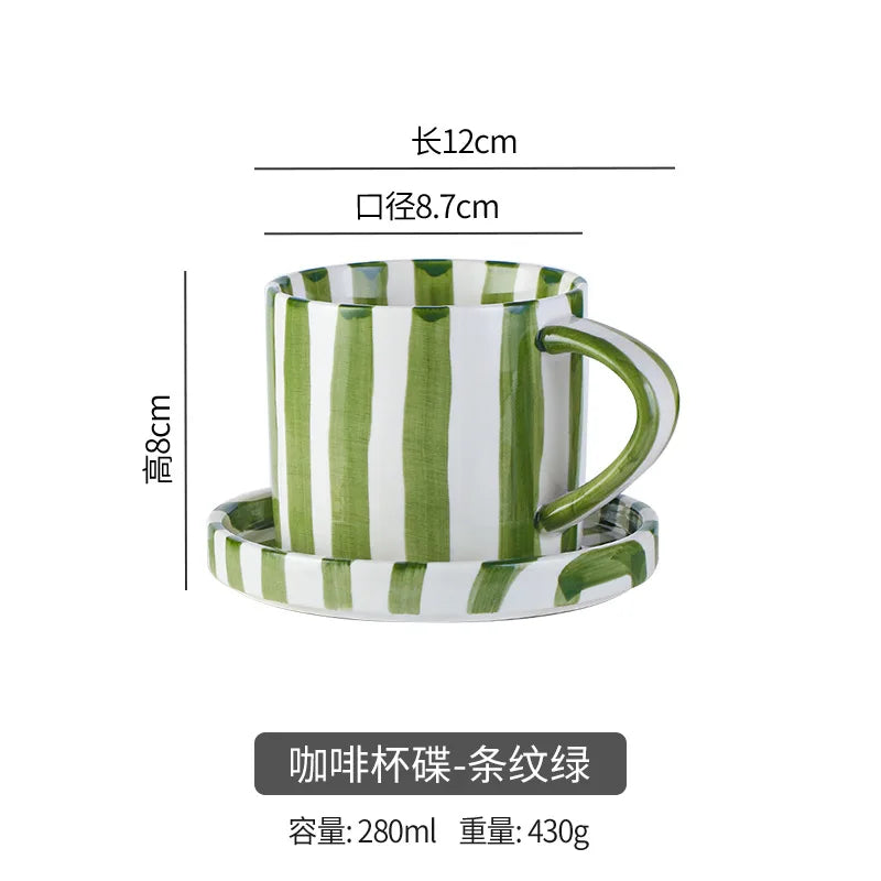 Simple Striped Ceramic Teacup Hotel Café Porcelain Coffee Cup 280ml Office Mug Breakfast Bread Dessert Mug Gift Table Decoration