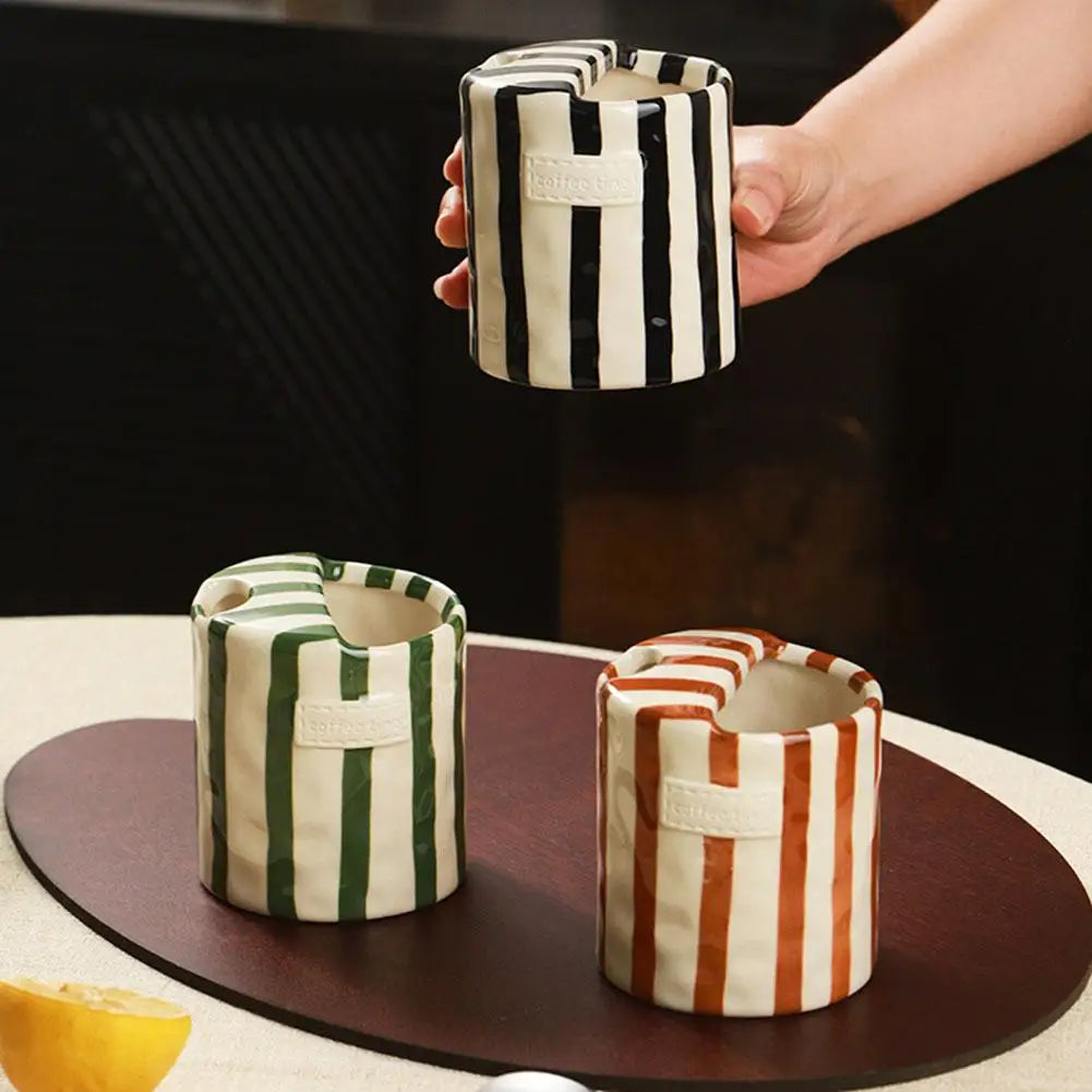 Vintage Stripe Hand Painted Ceramic Mug Creative Dual Compartment Coffee Cup for Office Afternoon Tea Breakfast