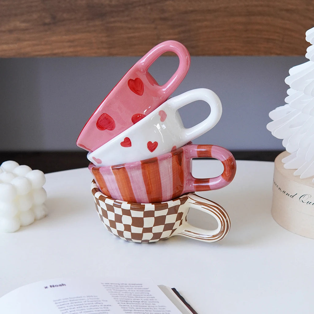 1Pc Rose Striped Ceramic Mug, Striped Ceramic Coffee Cup, Exquisite and Beautiful, Suitable for Daily Use at Home, for Drinking Water, Breakfast Milk Cup, Afternoon Tea Coffee Latte Art Cup, Gift Item