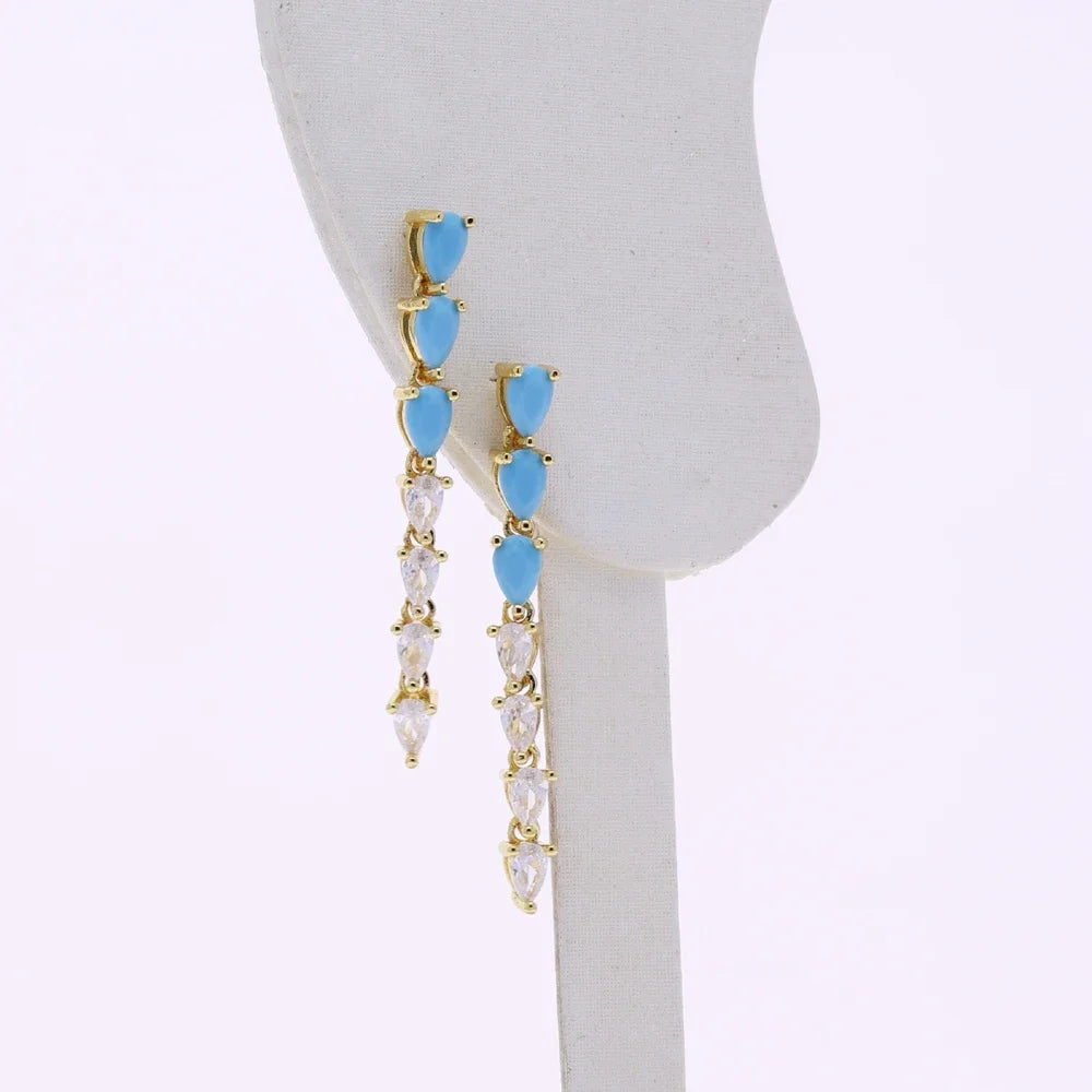 High Quality Geometric Turquoises CZ Paved Earring Hoop Premium Blue Drop Dangle Earrings for Women Wedding Luxury Jewelry Girls