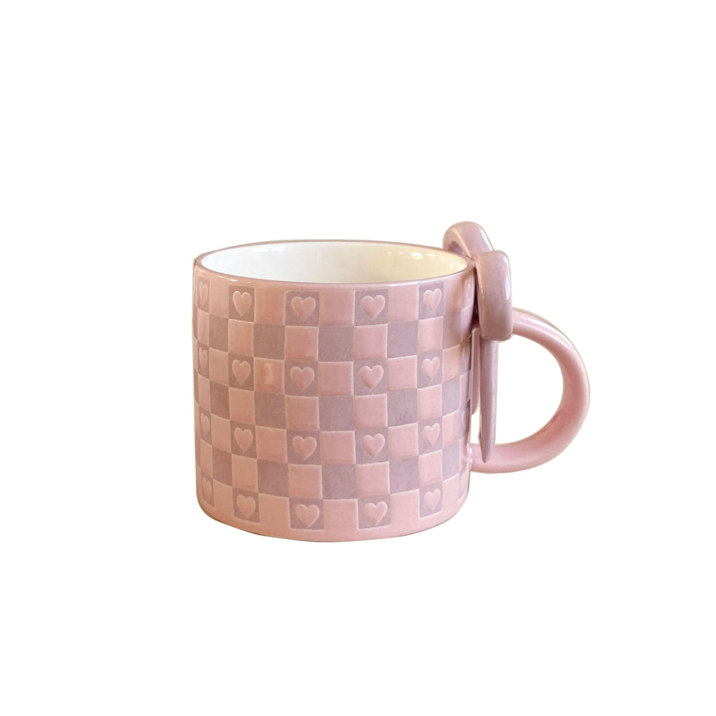1Pc Ceramic Mug with Bowknot Handle and Heart Design, Creative Bowknot Handle Design with Checkerboard Pattern, Suitable for Home Decoration, Daily Household Use, Breakfast Milk, Afternoon Tea Coffee, Latte Art Cup for Coffee