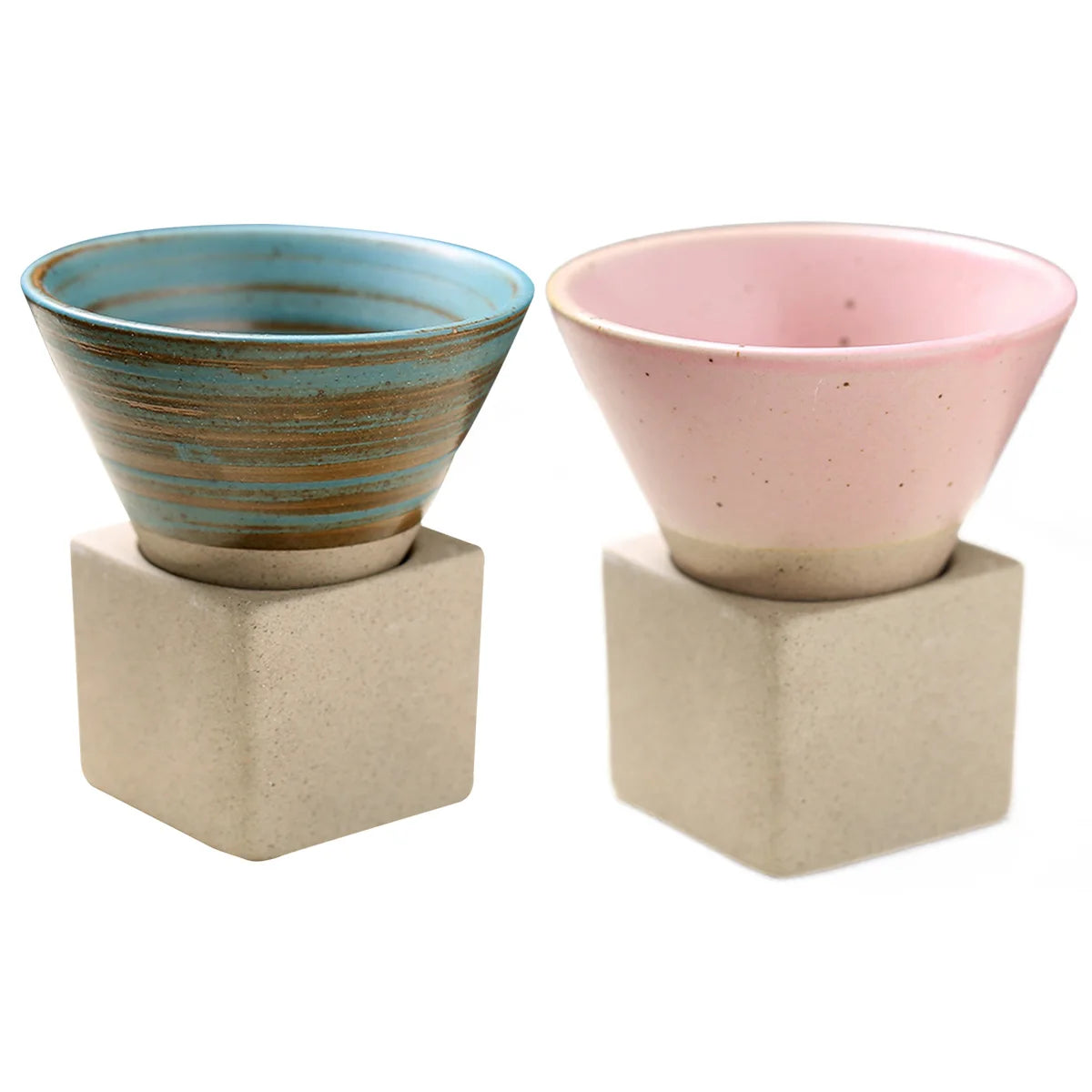 100ml Coarse Pottery Coffee Mugs, Japanese Style Ceramic Tea Cups Triangular Cone Shape Porcelain Retro Mug with Square Base