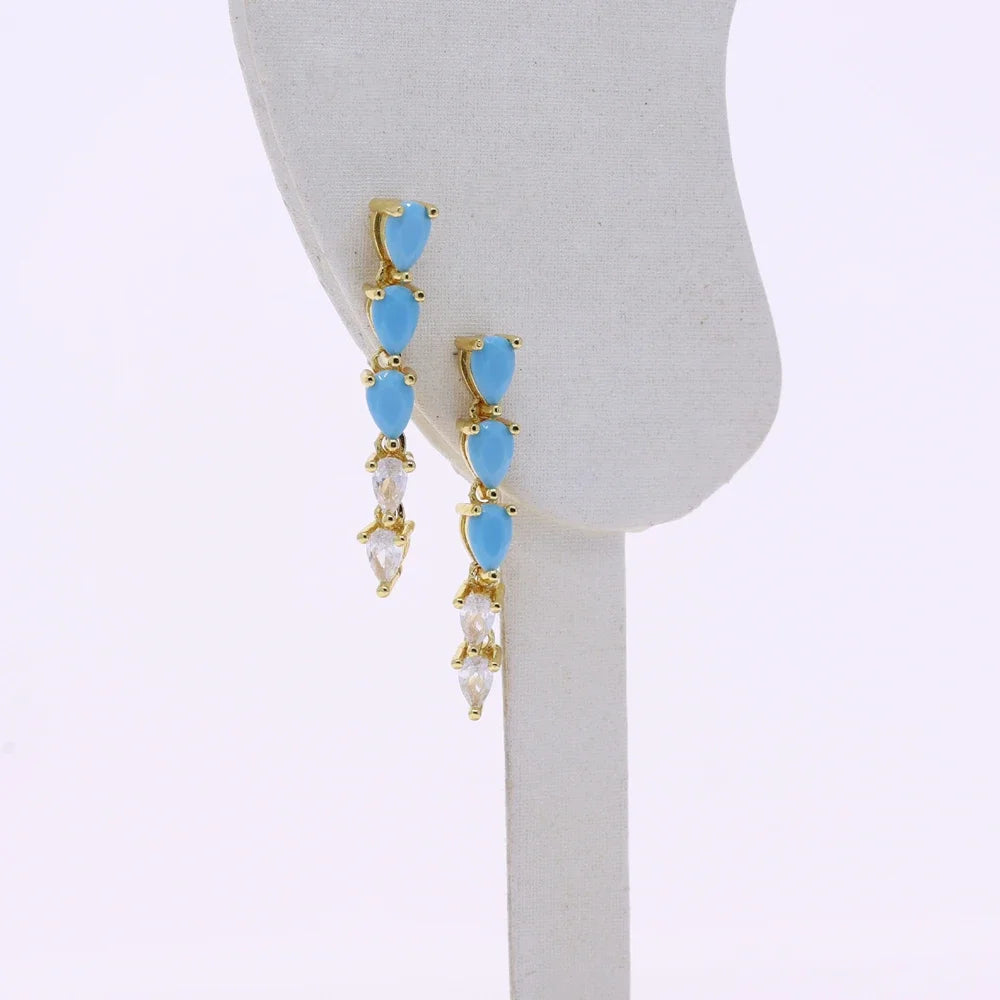 High Quality Geometric Turquoises CZ Paved Earring Hoop Premium Blue Drop Dangle Earrings for Women Wedding Luxury Jewelry Girls