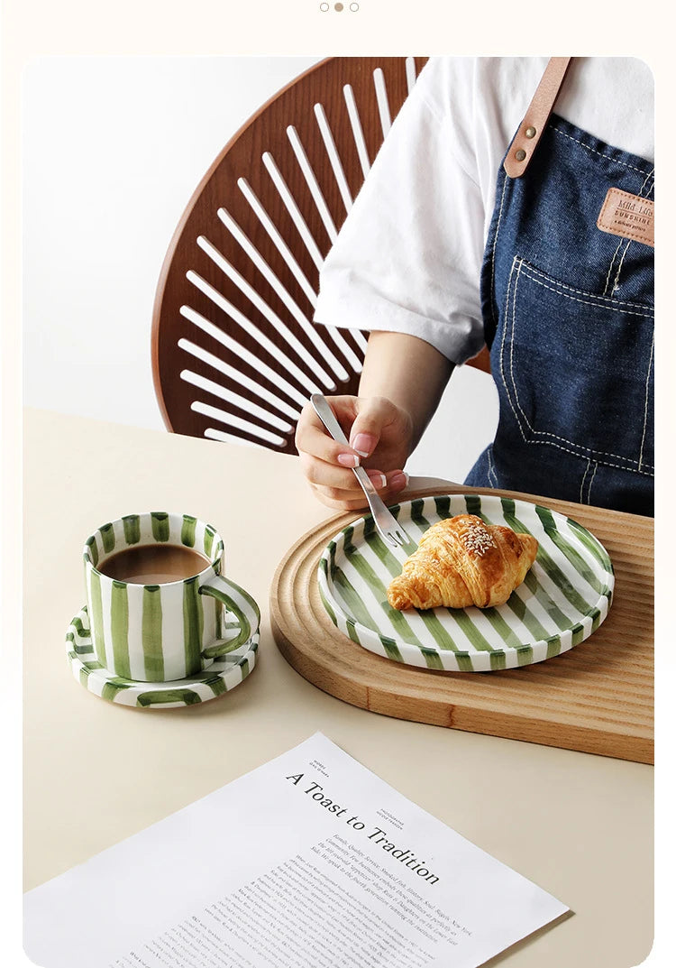 Simple Striped Ceramic Teacup Hotel Café Porcelain Coffee Cup 280ml Office Mug Breakfast Bread Dessert Mug Gift Table Decoration