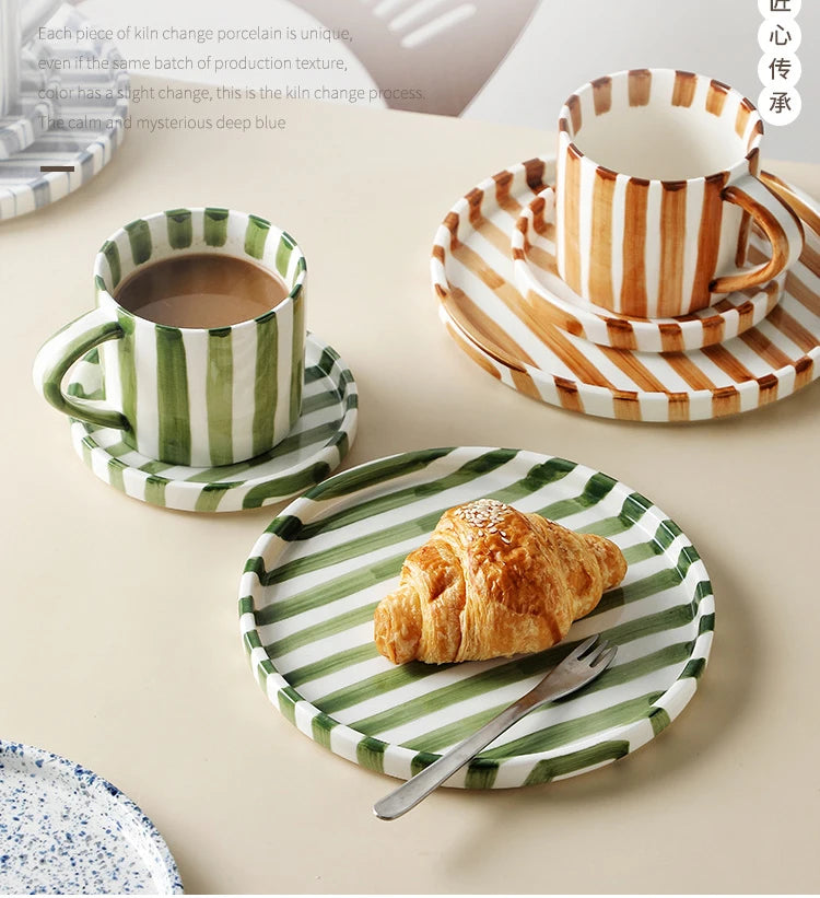 Simple Striped Ceramic Teacup Hotel Café Porcelain Coffee Cup 280ml Office Mug Breakfast Bread Dessert Mug Gift Table Decoration