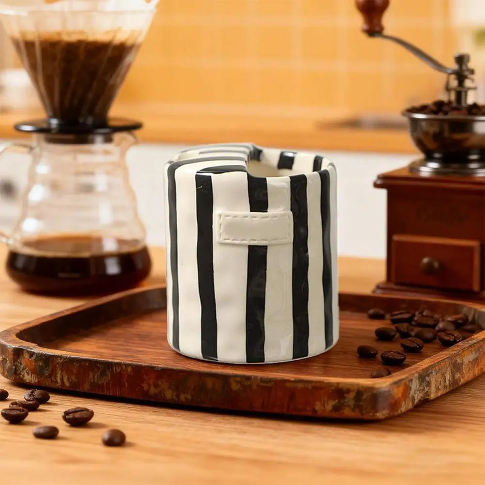 Vintage Stripe Hand Painted Ceramic Mug Creative Dual Compartment Coffee Cup for Office Afternoon Tea Breakfast