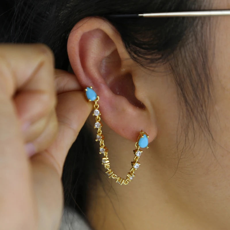 2 Hole Double Piercing Dangle Drop Fashion Women Earring Gold Plated Colorful Teardrop CZ Tassel Charm Jewelry