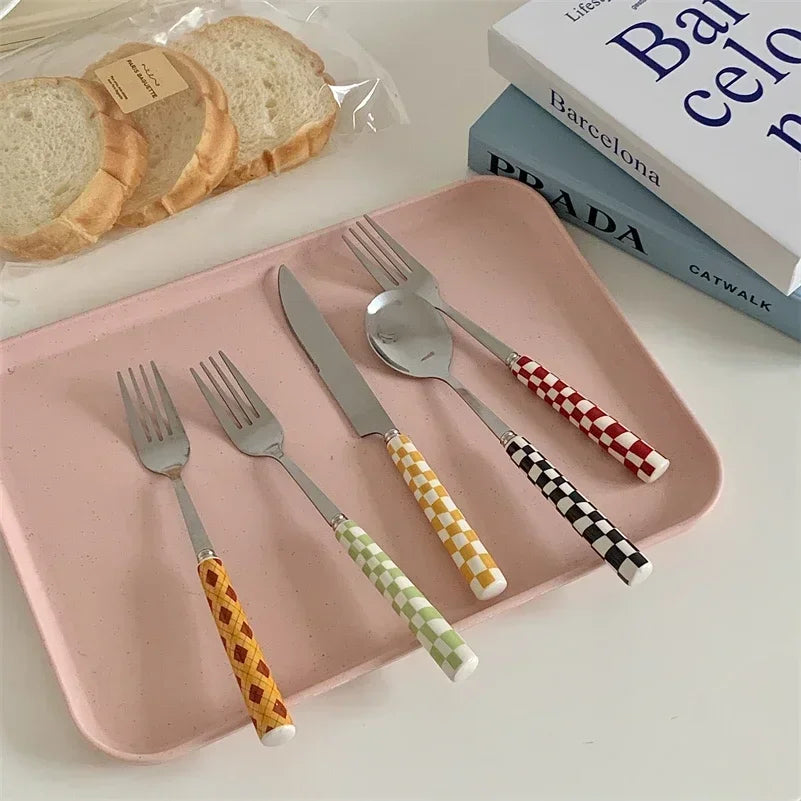 3pcs/set Stainless Steel Knife Fork Spoon Checkerboard Ceramic Handle Cutlery Set Western Tableware Dessert Fork Knife Spoon