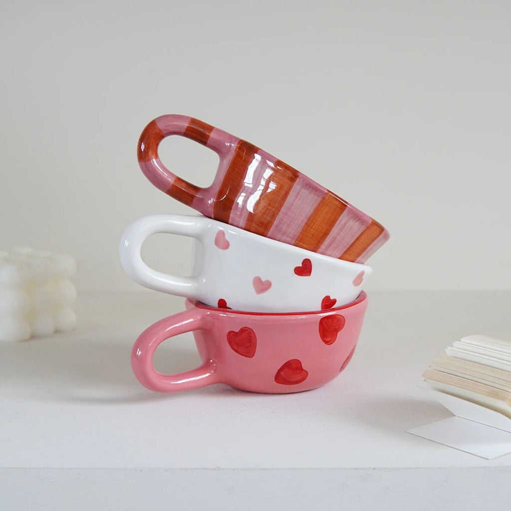 1Pc Rose Striped Ceramic Mug, Striped Ceramic Coffee Cup, Exquisite and Beautiful, Suitable for Daily Use at Home, for Drinking Water, Breakfast Milk Cup, Afternoon Tea Coffee Latte Art Cup, Gift Item
