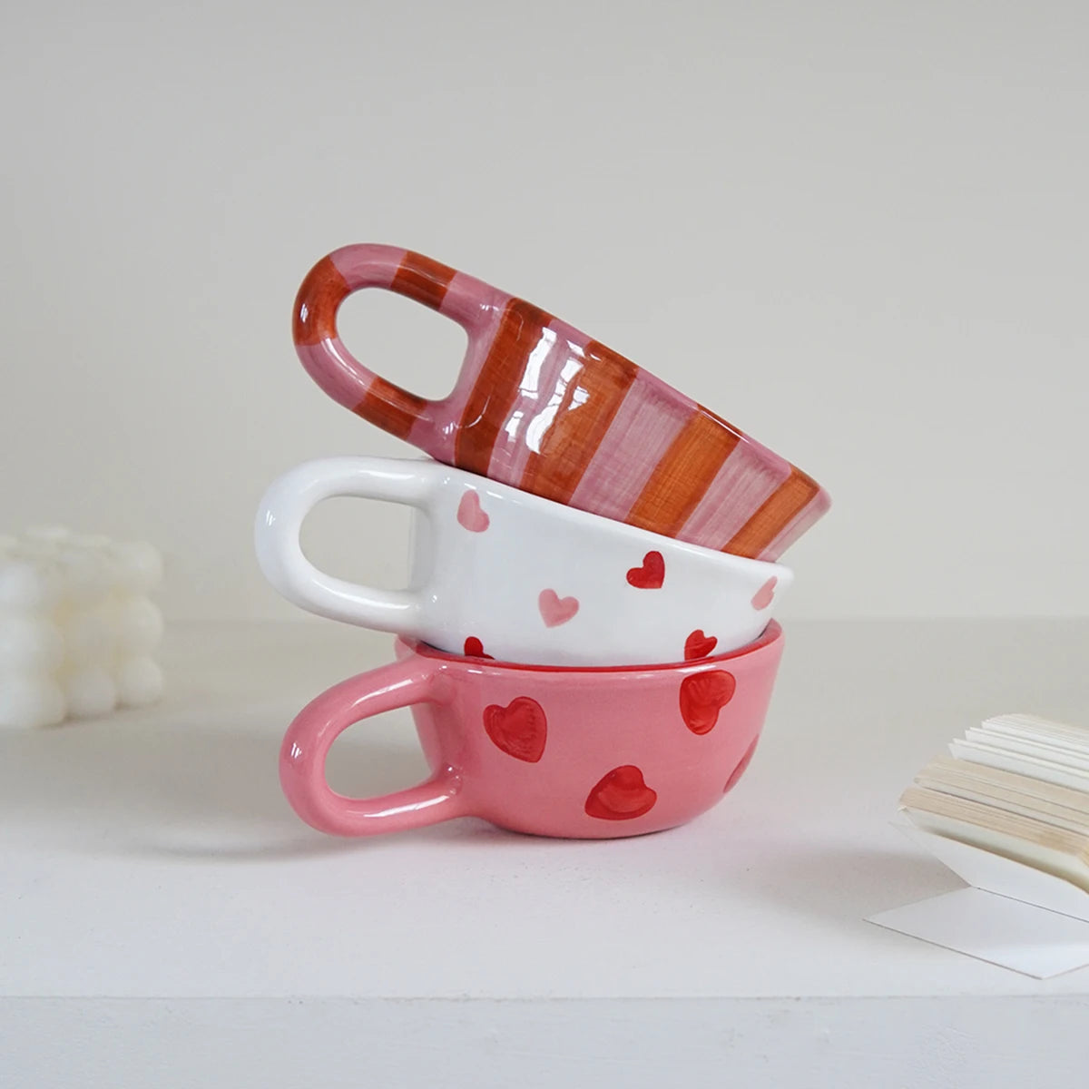 1Pc Rose Striped Ceramic Mug, Striped Ceramic Coffee Cup, Exquisite and Beautiful, Suitable for Daily Use at Home, for Drinking Water, Breakfast Milk Cup, Afternoon Tea Coffee Latte Art Cup, Gift Item